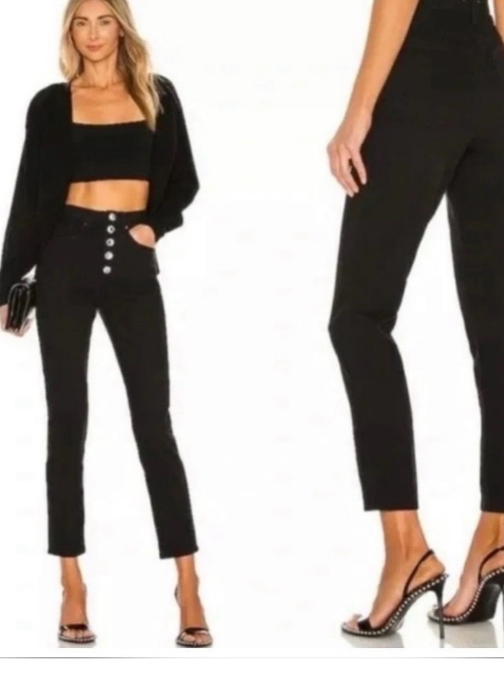 #675  WeWoreWhat Black Danielle Crystal Button Ankle Jeans